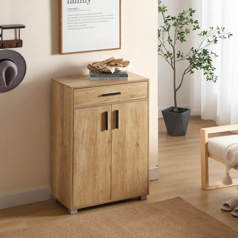 Scarpiera Mobile Salvaspazio 2 Ante 1 Cassetto 63x33x95h cm in Melaminico Venato a Rilievo Rovere Naturale