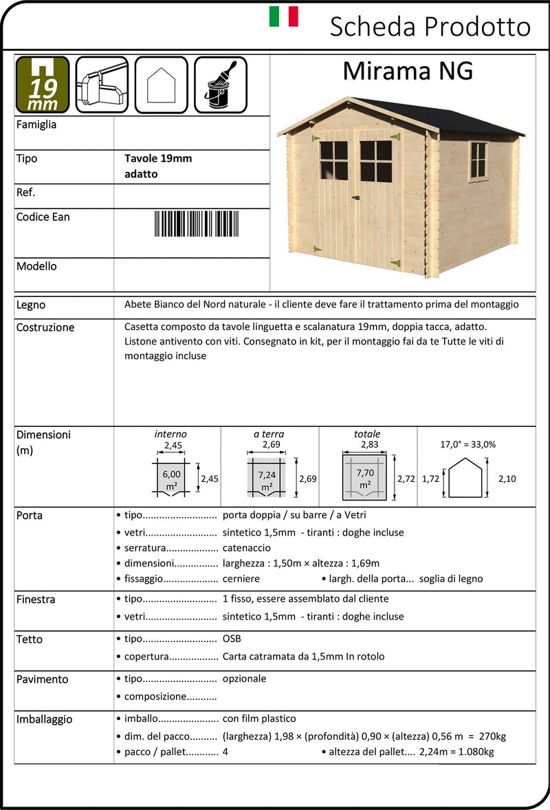 Casetta Box da Giardino per Attrezzi 2,83x2,72m Senza Pavimento in Legno Abete 19mm Mirama NG