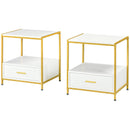 Set 2 Comodini 2 Cassetti 50x40x55 cm in Acciaio e Legno Truciolare Bianco e Oro