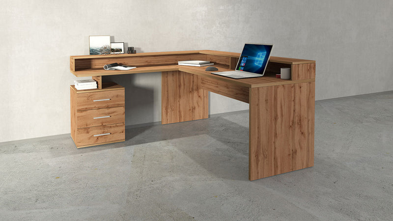 Scrivania Angolare 3 Cassetti e Ripiani a Giorno 180/160x60x90 cm New Selina Rovere Wotan  