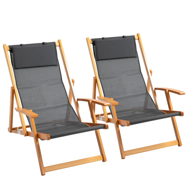 Set 2 Sedie a Sdraio da Giardino Pieghevoli in Legno e Tessuto a Rete Grigio sconto