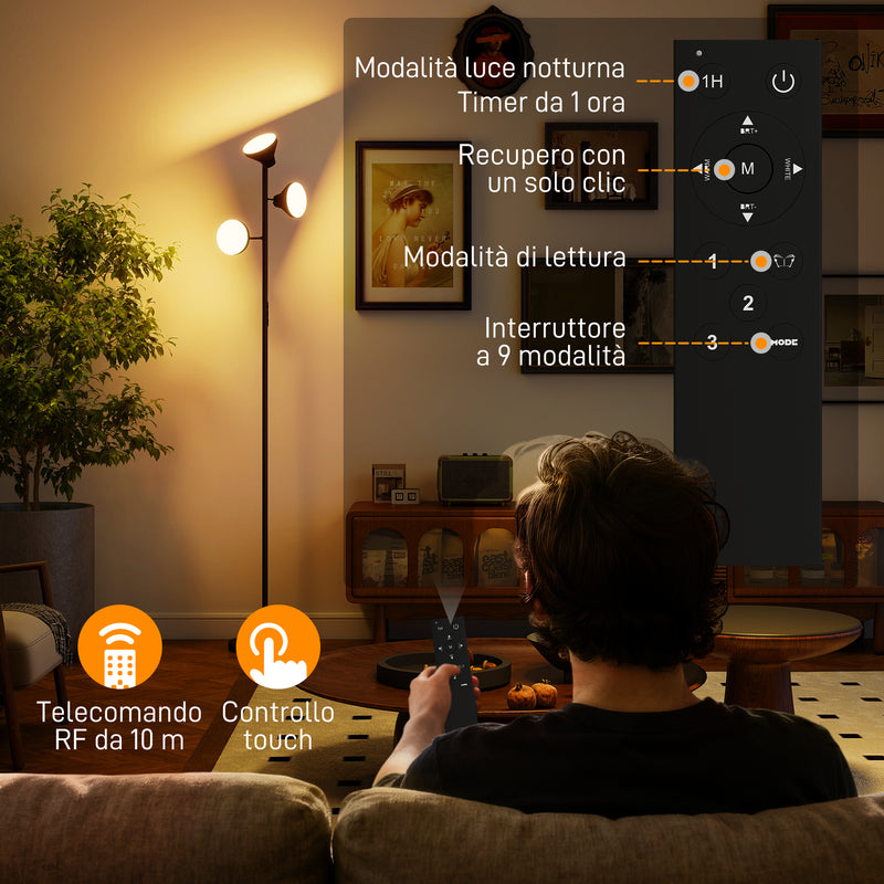 Lampada da Terra con 3 Teste Regolabili Indipendenti Ø25x170 cm Telecomando e Timer in Acciaio e Plastica Nero      