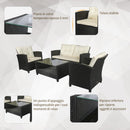 Set Salotto da Giardino Divano 2 Poltrone e Tavolino in Rattan Nero e Crema
