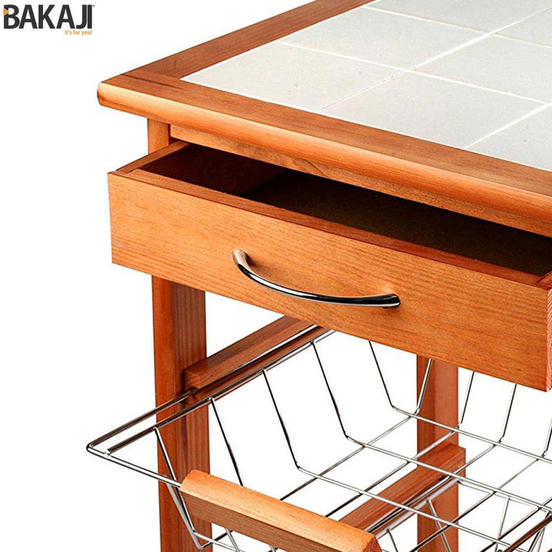 Carrello Cucina in legno 3 Cestelli Acciaio e Ripiano 12 Mattonelle in Ceramica