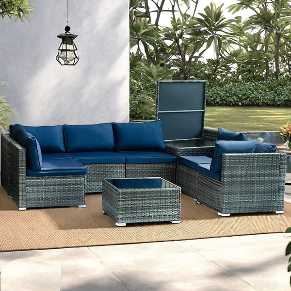 Set Salotto da Giardino per Patio 8 Pezzi Tavolo con Piano in Vetro in Polyrattan Blu online