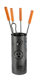 Trespolo per Attrezzi Camino Cilindrico Sagoma Faccine con Paletta Scopino Attizzino e Pinza Ø15,2x62 cm in Ferro Verniciato Grigio Martellato