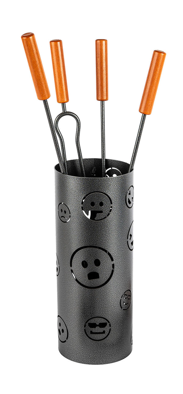 sconto Trespolo per Attrezzi Camino Cilindrico Sagoma Faccine con Paletta Scopino Attizzino e Pinza Ø15,2x62 cm in Ferro Verniciato Grigio Martellato