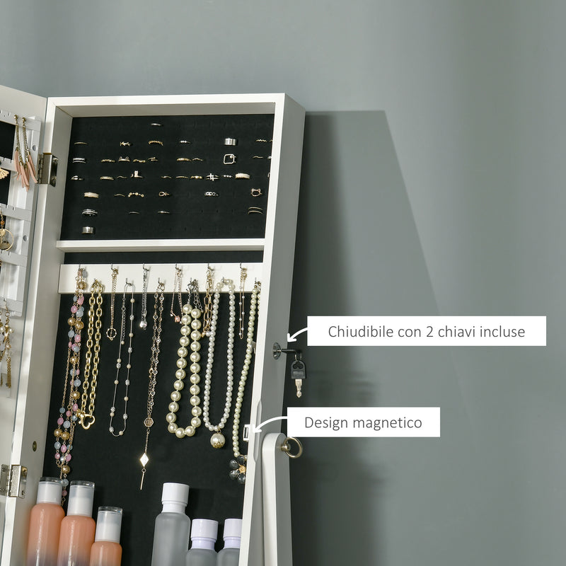 Specchio con Armadietto Portagioielli da Terra 46x36,5x151,5 cm con Serratura e Organizer in MDF Bianco  