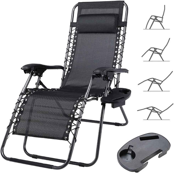 Sedia Sdraio da Giardino Gravita Zero Pieghevole con Vassoio in Acciaio e Tessuto Oxford Nero sconto