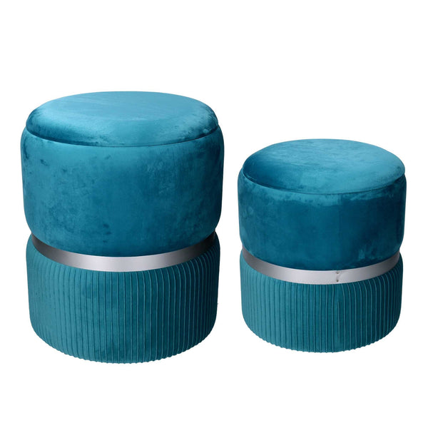 online Set 2 Pouf Contenitore Ø35 cm e Ø39 cm in Tessuto Velluto Turchese
