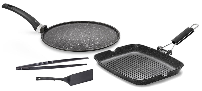 Set 4 Pezzi Bistecchiera + Piastra Multiuso in Alluminio Pressofuso Antiaderente Olympia Hard Cook