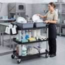 Carrello Pulizie Professionale 115x50x100 cm a 3 Ripiani con 2 Contenitori Rimovibili Bidone Laterale e 4 Ruote in PP Nero      