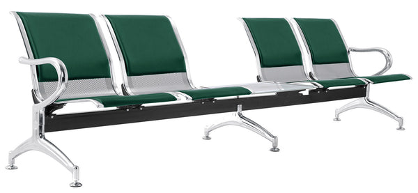 Panca per Sala Attesa 4 Posti da Ufficio con Cuscino e Tavolino in Acciaio e Similpelle Argento/Verde