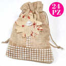 Set 24 Sacchetti per Confetti in Juta Beige con Fiore Perline e Laccio 14x11 cm