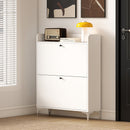 Mobile Scarpiera Slim 80x24x101 cm con 2 Cassetti a Ribalta e Ripiani Regolabili in Legno e Metallo Bianco      