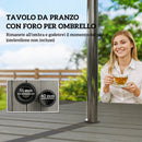 Set 5 Pezzi da Giardino Tavolo con Foro Centrale e Ripiano Inferiore con 4 Sedie Impilabili in Acciaio Grigio      