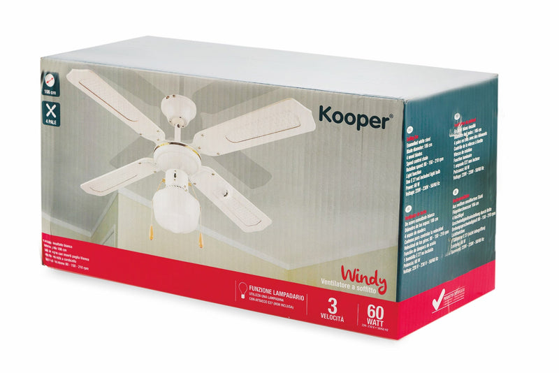 Ventilatore da Soffitto con 4 Pale e Lampada Ø106cm 3 Velocità  Kooper Windy Bianco