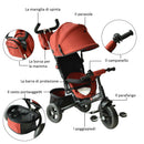 Passeggino Triciclo per Bambini con Maniglione e Tettuccio Nero e Rosso 
