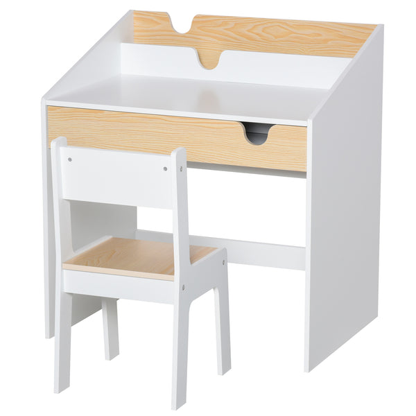 prezzo Set Scrivania e Sedia per Bambini con Cassetto e Scaffale in MDF Bianco e Legno