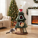 Albero Tiragraffi Natalizio per Gatti 60x60x132 cm con 2 Cucce Scala in Sisal Pali in Juta e Palline Verde      