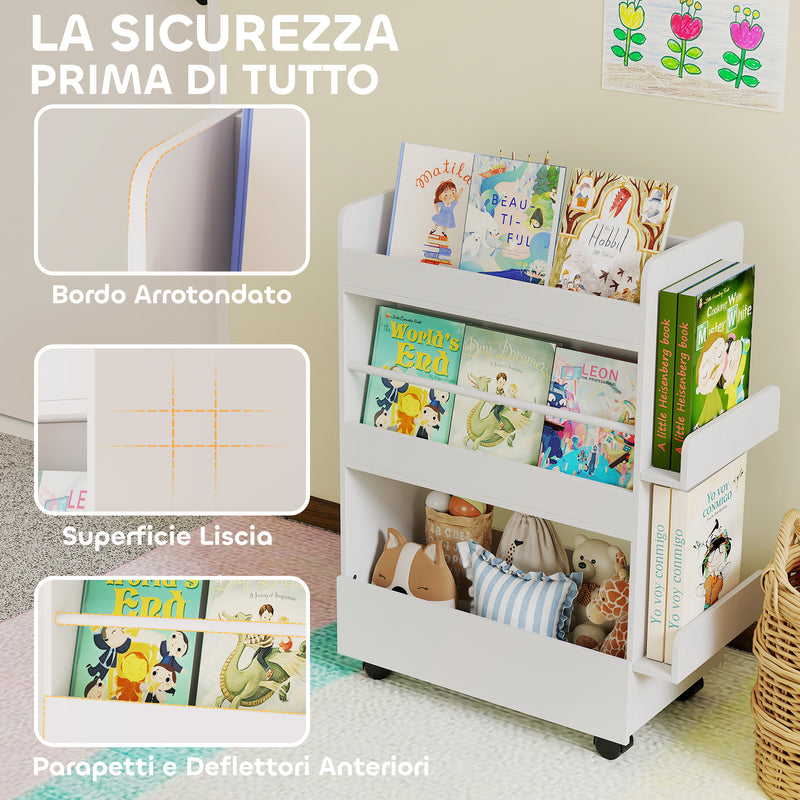 Libreria per Bambini 3-8 Anni  Scaffalea Due Lati Portagiochi con Ruote e Lavagna Nera in MDF Bianco      