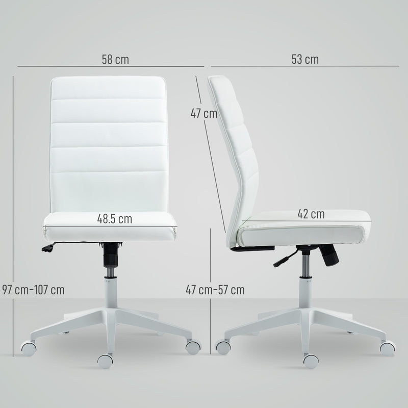 Sedia da Ufficio Ergonomica e Regolabile 58x53x97-107 cm con Schienale Ricurvo in Pelle PU e Acciaio Bianco      