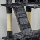 Albero Tiragraffi per Gatti 49x49x173 cm con 3 Posatoi 2 Casette e Giochi Appesi in Legno e Peluche Grigio Scuro      