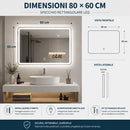 Specchio da Bagno Rettangolare 80x60 cm con Luce LED Dimmerabile 3 Temperature di Colore e Comando Touch      