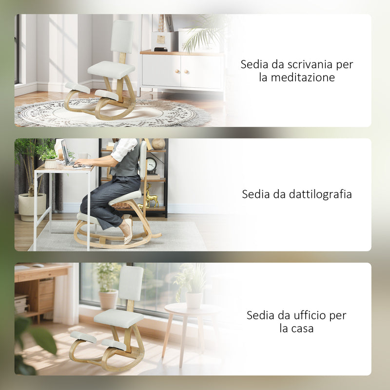 Sedia Ergonomica Inginocchiatoio con Schienale 51x84x93 cm in Legno di Betulla e Cuscini Crema  