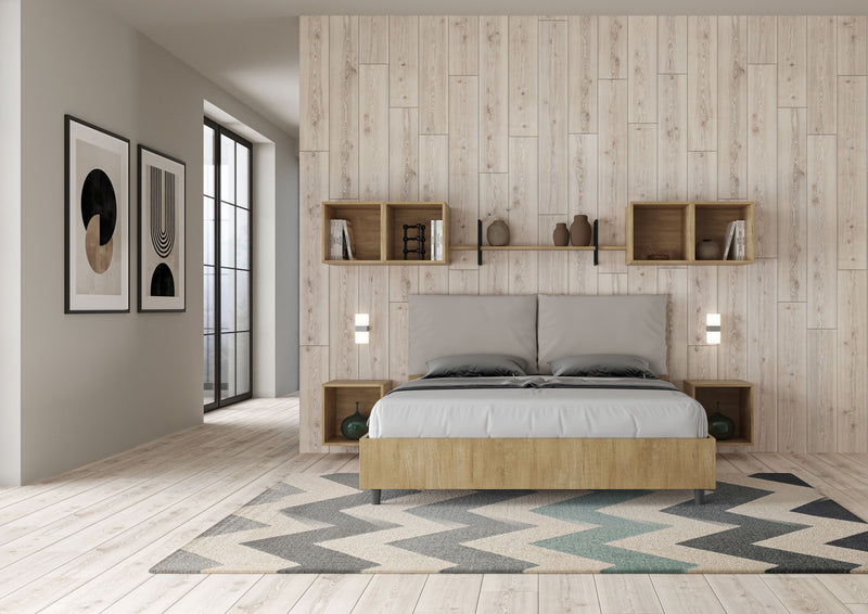 Letto Matrimoniale con Alzata Comoda Struttura Quercia con Cuscini in Similpelle Antea Tortora Varie Misure