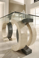 Tavolo Fisso 180x100x76 cm in Pietra con Top in Vetro Trasparente