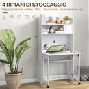 Scrivania Pieghevole 80x69x155 cm con Libreria a 4 Ripiani 2 Ruote e Foro Passacavi in MDF Bianco      