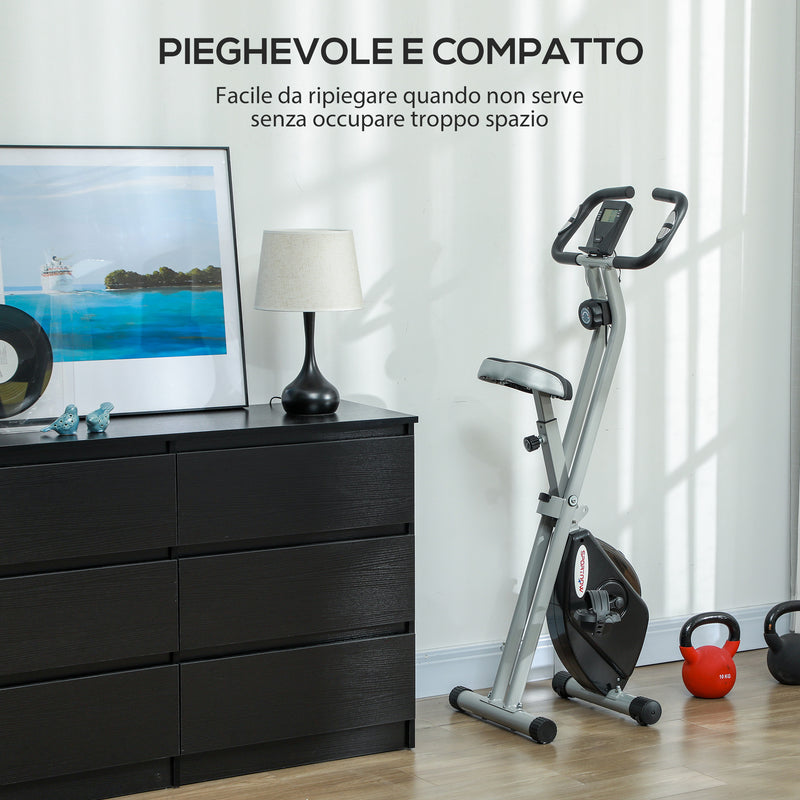 Cyclette Pieghevole Magnetica a 8 Livelli con Display LCD con Rotelle Grigio e Nero   