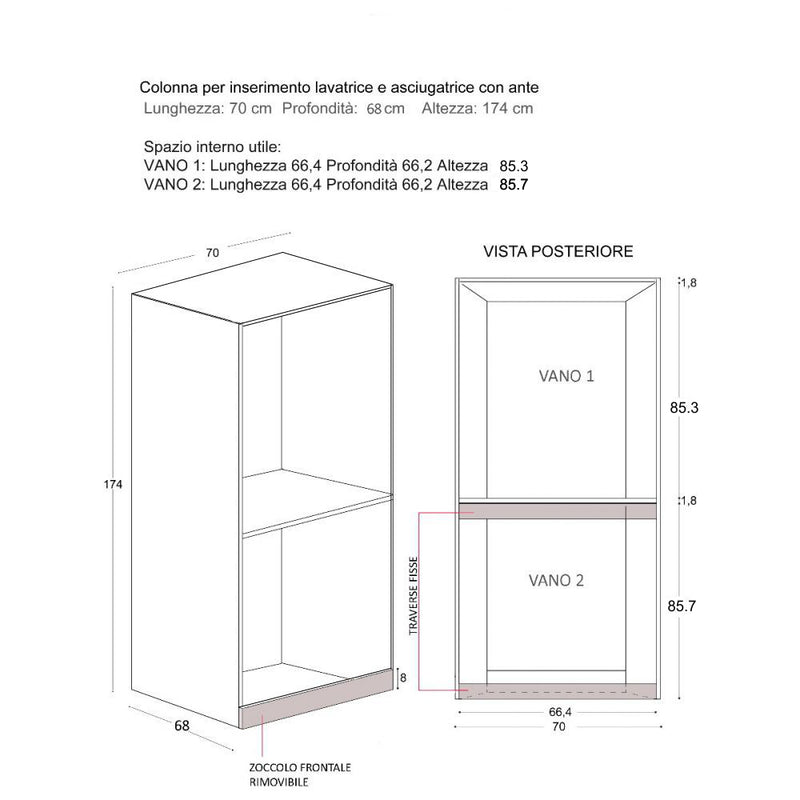 Mobile Lavanderia a Colonna per Lavatrice o Asciugatrice con Asse da Stiro e Ante Superiori 70x70x174A cm in Nobilitato Unika Grigio Cemento