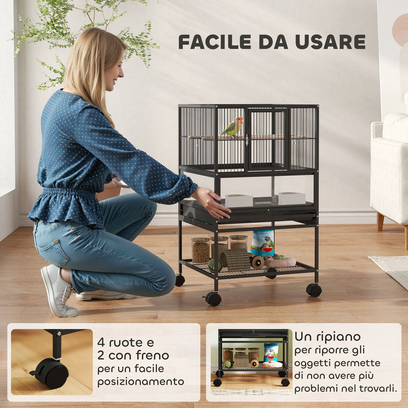 Gabbia per Uccelli 48x46x83 cm Vassoio e Griglia Rimovibili con Ripiano Portaoggetti in Acciaio e PP Nero  