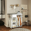 Mobile Asse da Stiro 125x43,5x112 cm con Ruote Barra per Abiti e Ripiani Bianco  