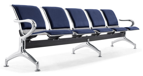 Panca per Sala Attesa 5 Posti da Ufficio con Cuscino in Acciaio e Similpelle Argento/Blu Navy sconto