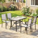 Set 5 Pezzi da Giardino con 4 Sedie Impilabili e Tavolo in Vetro Temperato con Foro per Ombrellone in Texteline Grigio Chiaro      