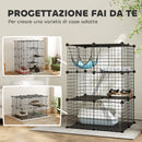 Gabbia per Gatti Recinto Personalizzabile 3 Livelli 70x70x105 cm in Acciaio Verniciato Nero      