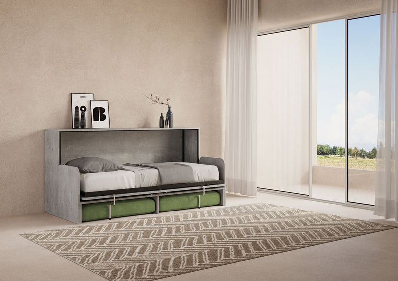 Letto Singolo A Scomparsa Kando Con Divano Con Materasso Cemento e Verde      