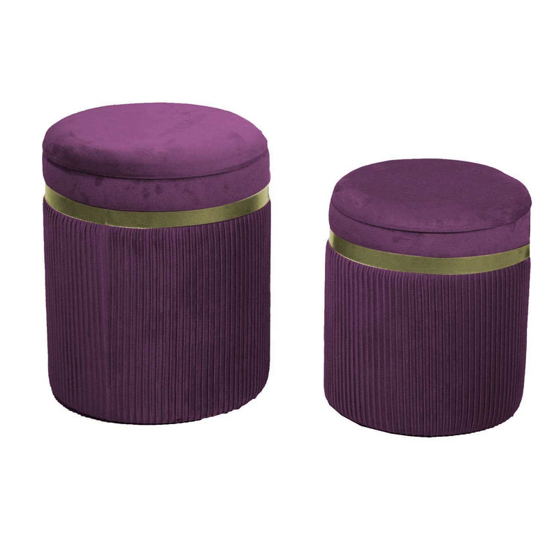 Set 2 Pouf Contenitore Ø35 cm e Ø39 cm in Tessuto Velluto Viola