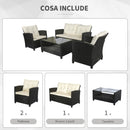 Set Salotto da Giardino Divano 2 Poltrone e Tavolino in Rattan Nero e Crema