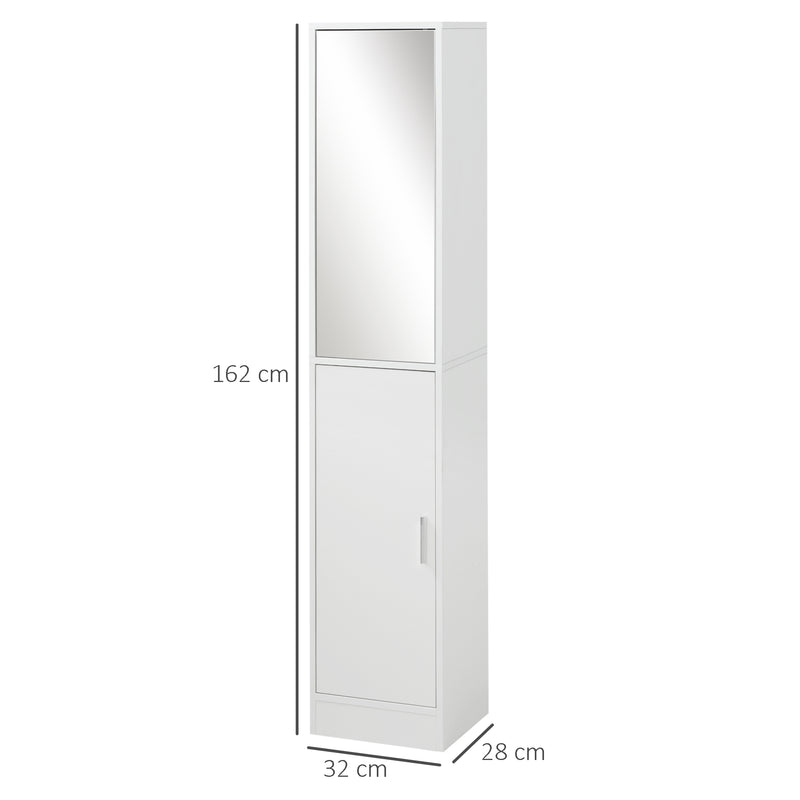 Mobile a Colonna Bagno 32x28x162 cm con Anta Superiore a Specchio Rivestimento in Melamina Bianco  