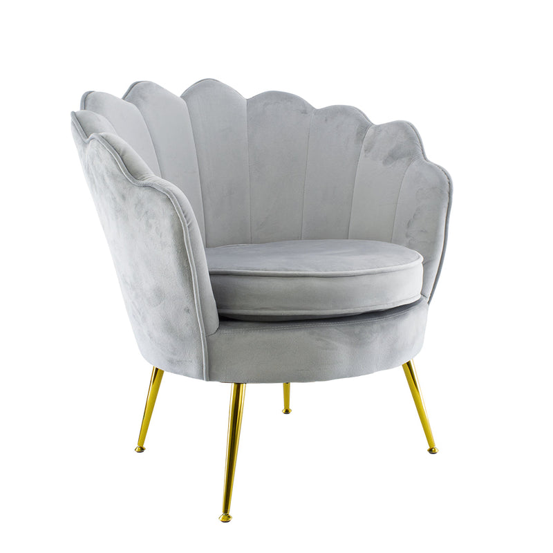 Poltrona Imbottita Schienale a Conchiglia in Velluto Piedi Oro Grigio