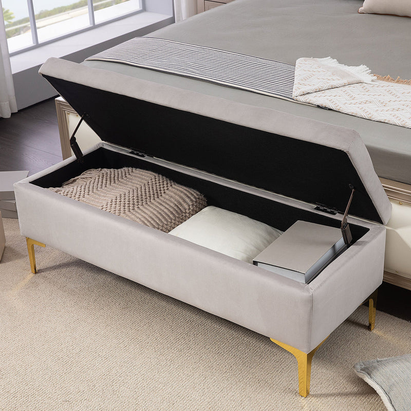 Panchina Contenitore In Velluto Grigio Con Gambe Dorate Per Camera Da Letto O Soggiorno - 79x37x43 Cm