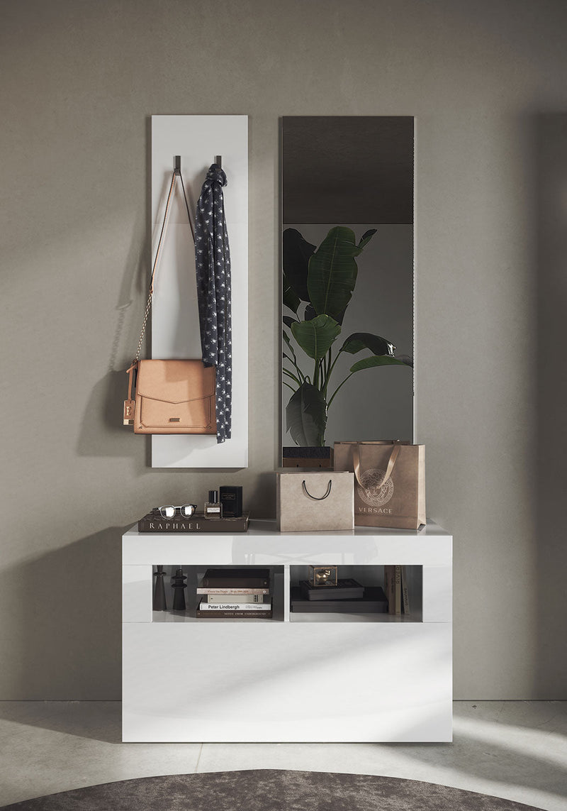 Set Ingresso Mobile 1 Anta a Ribalta Appendiabiti 91x36x165 cm e Specchio 50x110 cm Linea Basic Bianco Lucido