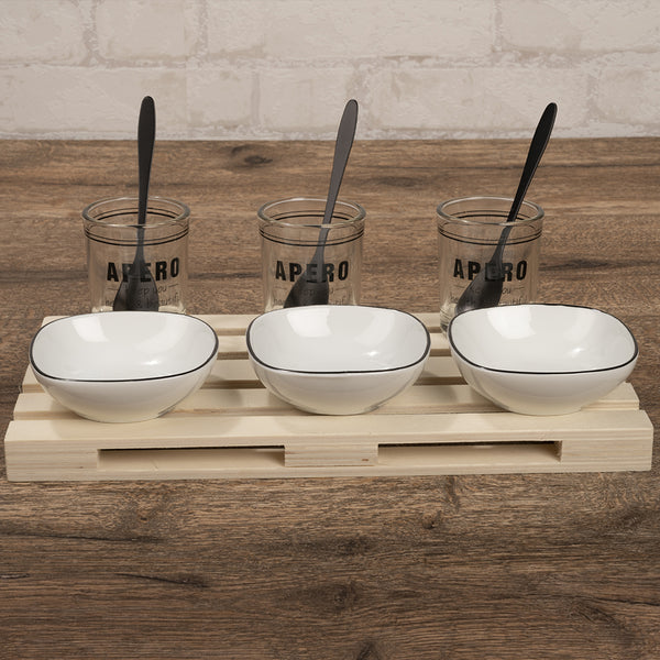 Set Aperitivo Antipasto Vassoio Mini Pallet 28x15x2 cm con Bicchieri e Ciotole in Ceramica Bianco acquista