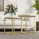 Set 2 Tavolini da Caffè Ø50x50.5 cm e 60x36x43.5 cm con Piano Effetto Marmo in Legno e Acciaio Bianco      