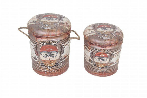 Set 2 Pouf Contenitore Tondo in MDF Mattone sconto