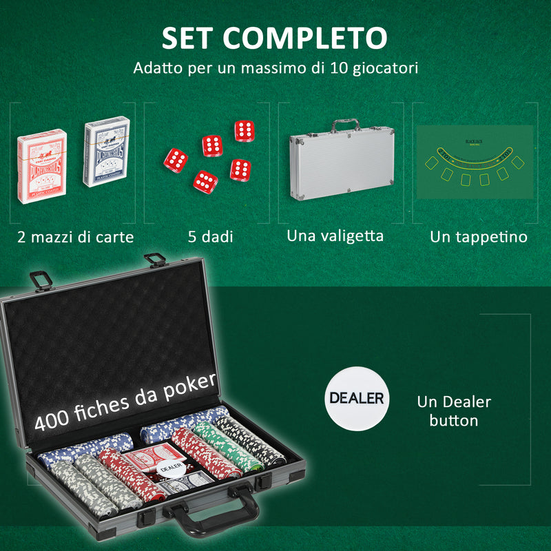 Set 400 Fiches da Poker 2 Mazzi di Carte 5 Dadi Tappetino e Valigetta Grigia     